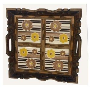 Vintage Mexican Framed Ceramic Tile Carved Wooden 1970s Serving Tray Wall Hanger
